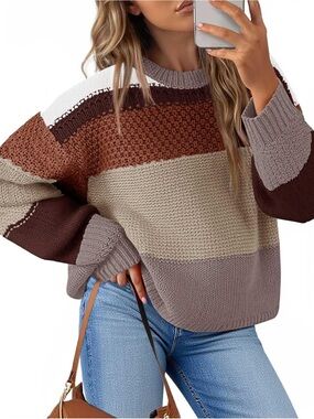 Amazon Women's Multi-Stripe Crewneck Sweater in Brown, Taupe & Cream